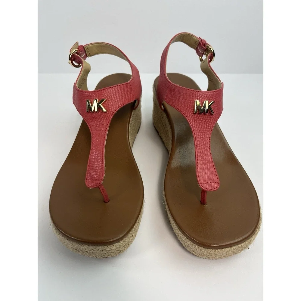 Michael Kors Platform Espadrille Wedge Leather Sandals Pink Size 8 Laney Thong